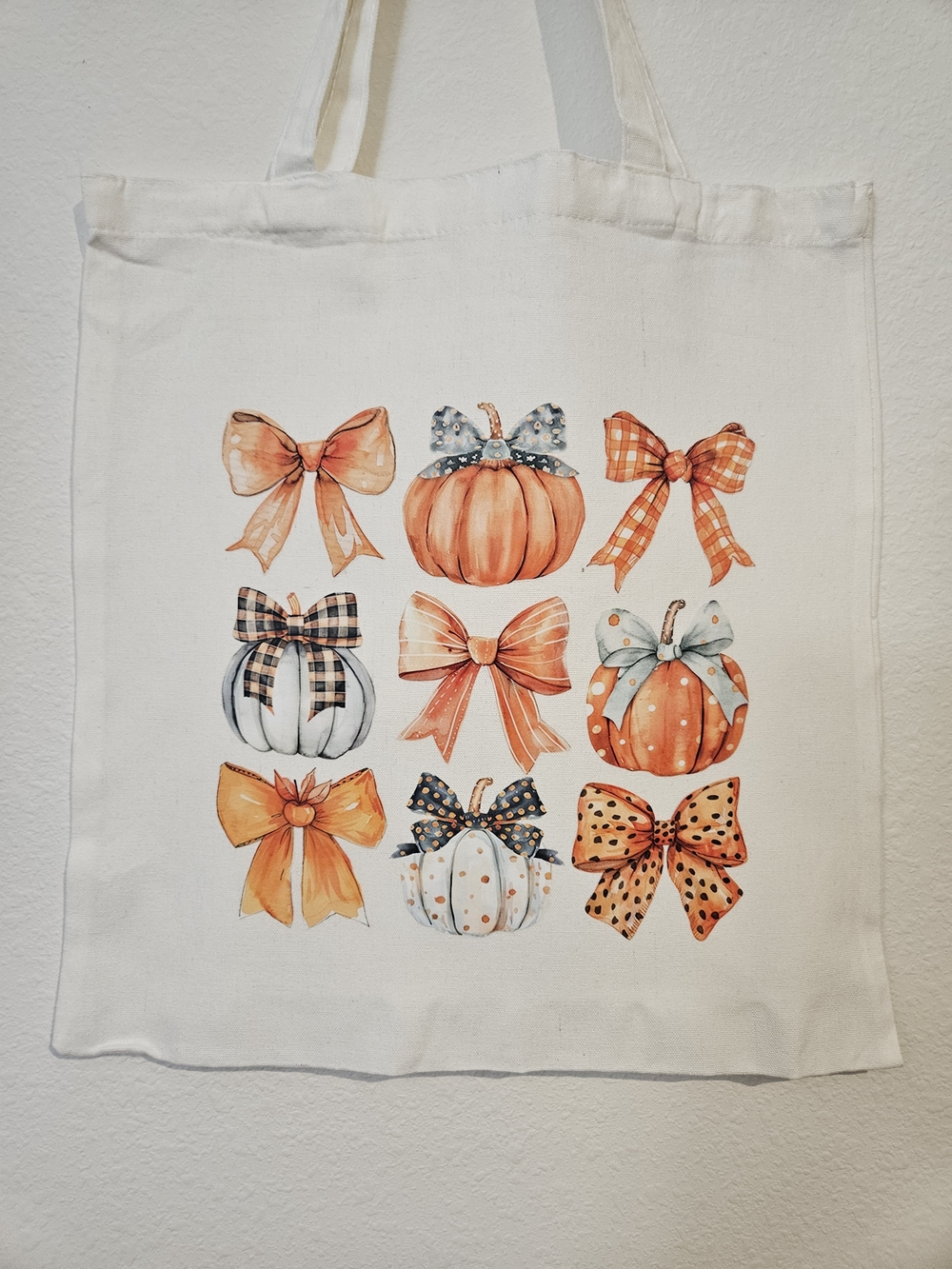 Canvas Tote Bag with Orange Pumpkin Bow Print